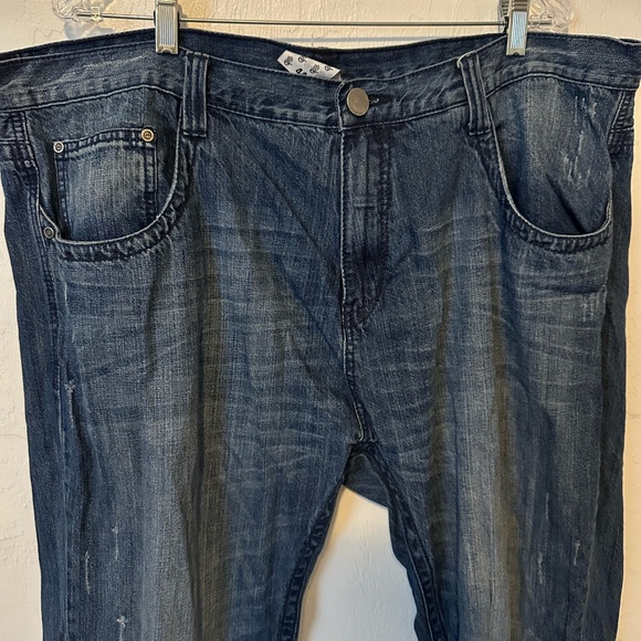 MISKEEN ORIGINALS Denim Jeans Blue Sz 44x33 EMBROIDERD LOGO Distressed Y2K Vtg - Picture 3 of 8